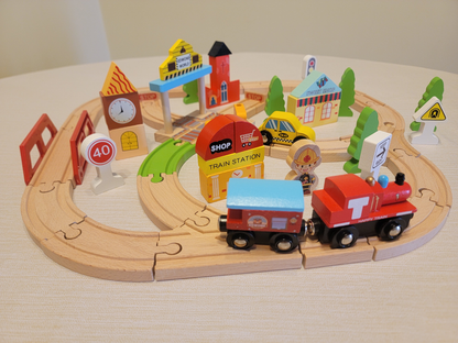 Wooden Cross Traffic Tracks Train Set - 60-Piece Railway Adventure
