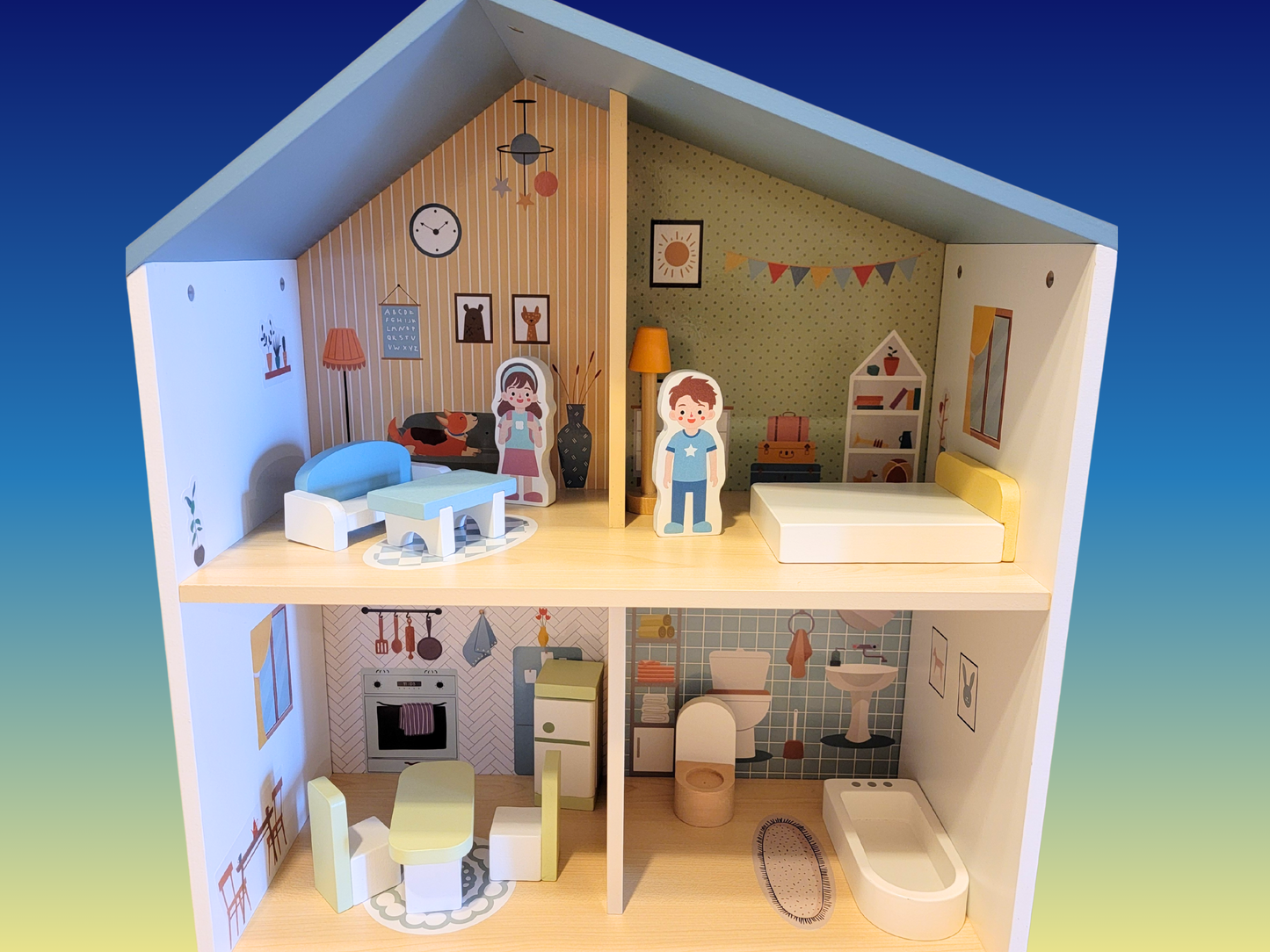 Blue Wooden Dollhouse Furniture Set - Montessori Role Play - Miniature DIY Toy