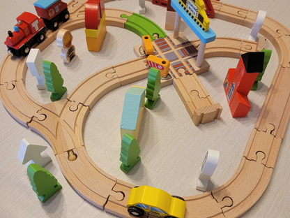 Wooden Cross Traffic Tracks Train Set - 60-Piece Railway Adventure