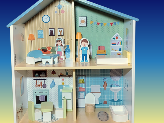 Blue Wooden Dollhouse Furniture Set - Montessori Role Play - Miniature DIY Toy