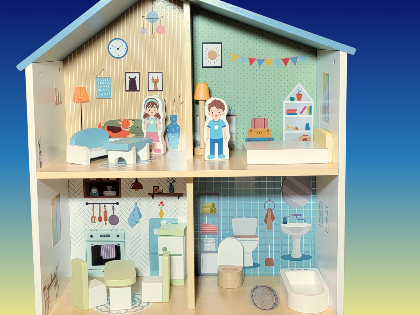 Blue Wooden Dollhouse Furniture Set - Montessori Role Play - Miniature DIY Toy