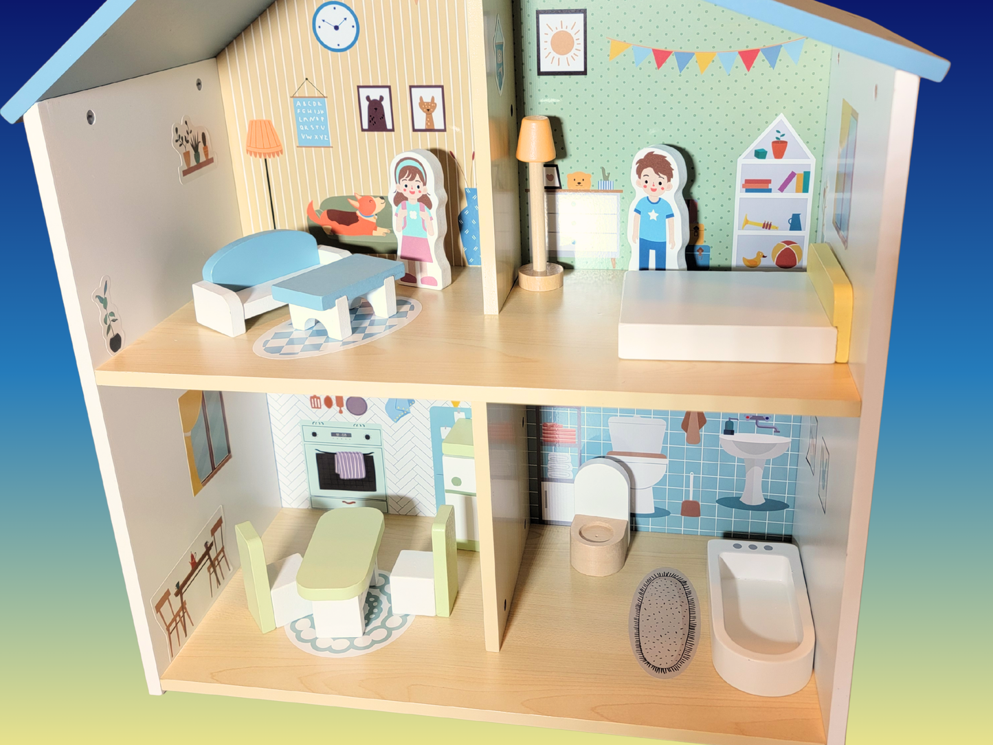 Blue Wooden Dollhouse Furniture Set - Montessori Role Play - Miniature DIY Toy