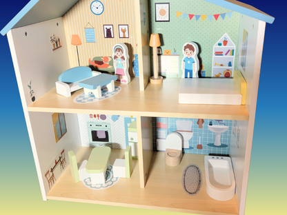 Blue Wooden Dollhouse Furniture Set - Montessori Role Play - Miniature DIY Toy
