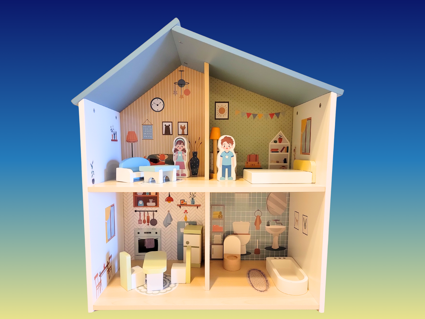 Blue Wooden Dollhouse Furniture Set - Montessori Role Play - Miniature DIY Toy