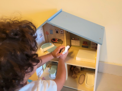 Blue Wooden Dollhouse Furniture Set - Montessori Role Play - Miniature DIY Toy