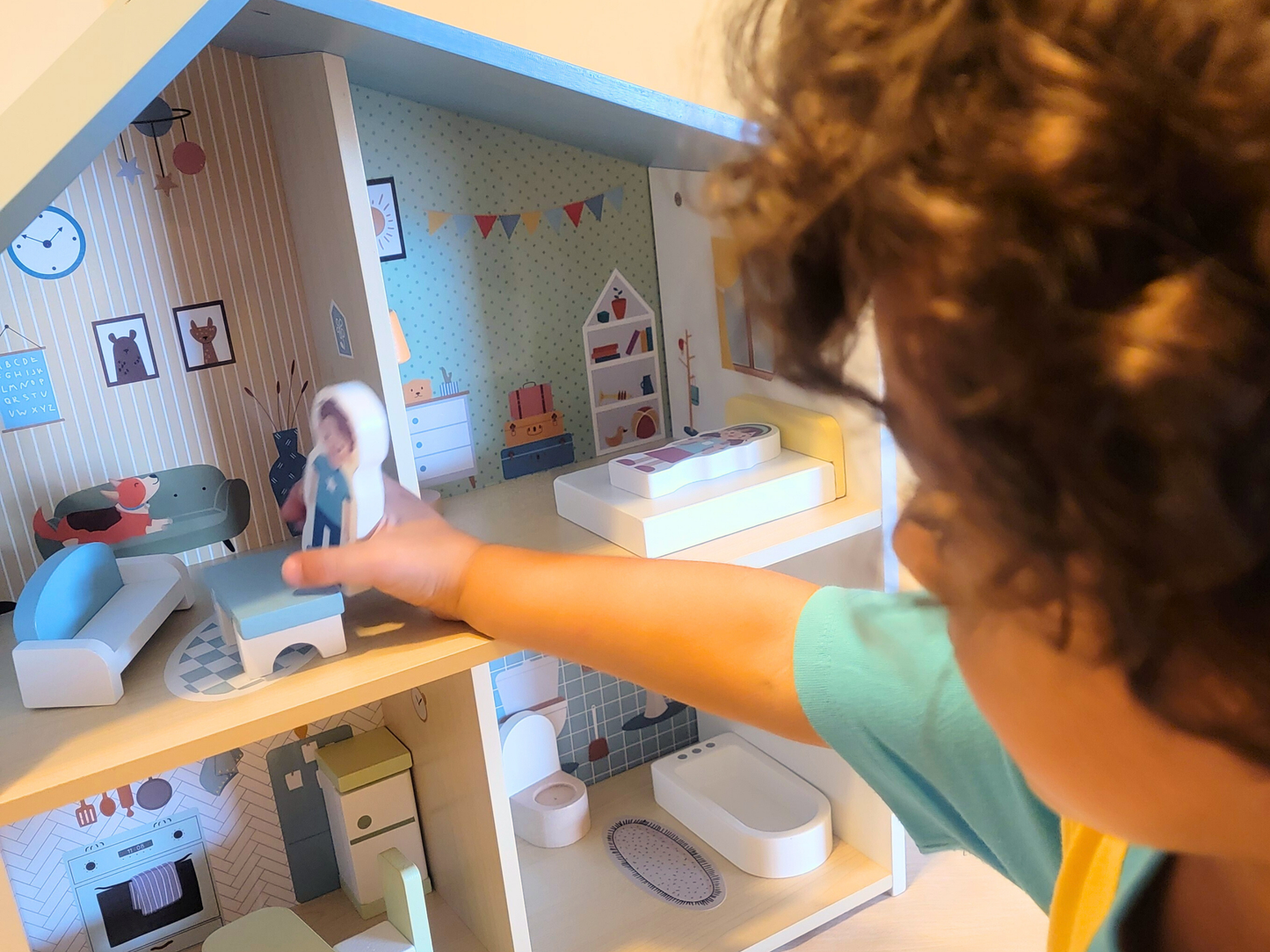 Blue Wooden Dollhouse Furniture Set - Montessori Role Play - Miniature DIY Toy