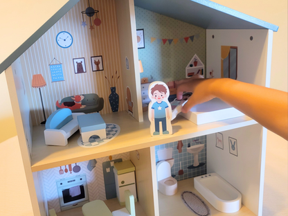 Blue Wooden Dollhouse Furniture Set - Montessori Role Play - Miniature DIY Toy