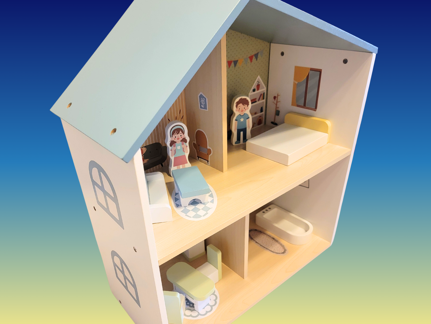 Blue Wooden Dollhouse Furniture Set - Montessori Role Play - Miniature DIY Toy