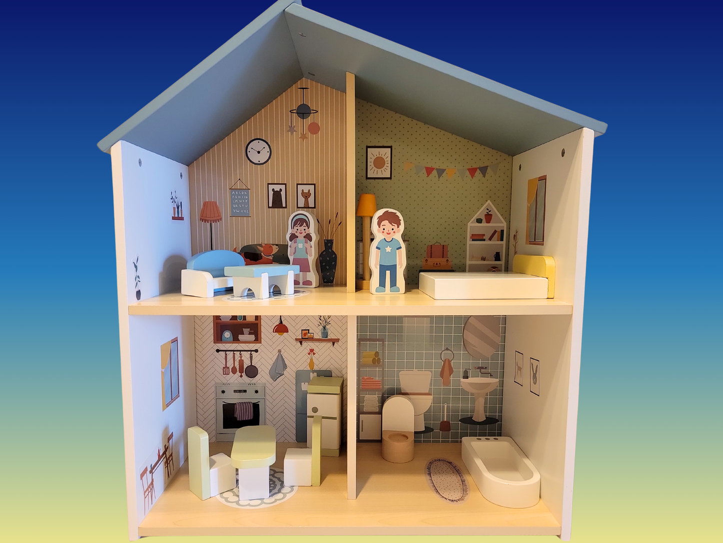 Blue Wooden Dollhouse Furniture Set - Montessori Role Play - Miniature DIY Toy