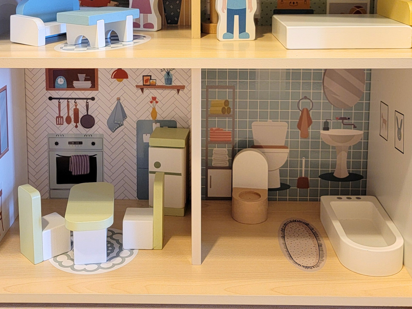 Blue Wooden Dollhouse Furniture Set - Montessori Role Play - Miniature DIY Toy