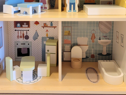 Blue Wooden Dollhouse Furniture Set - Montessori Role Play - Miniature DIY Toy