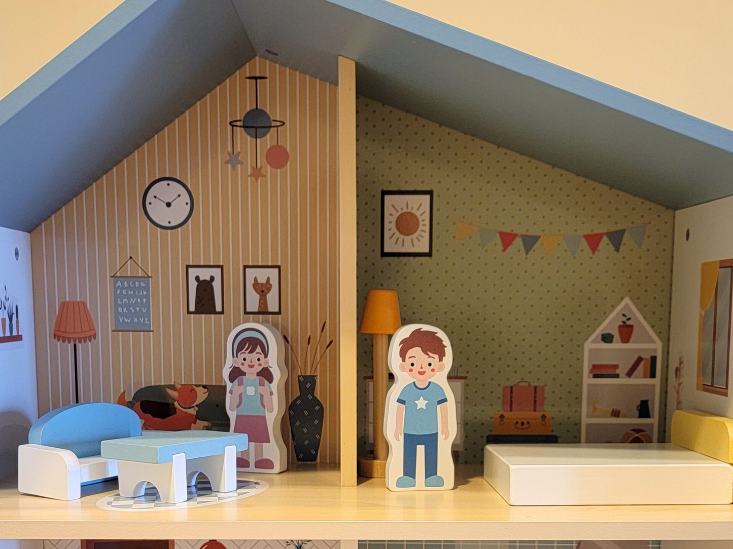 Blue Wooden Dollhouse Furniture Set - Montessori Role Play - Miniature DIY Toy