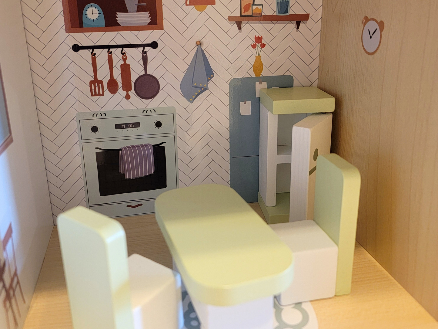 Blue Wooden Dollhouse Furniture Set - Montessori Role Play - Miniature DIY Toy