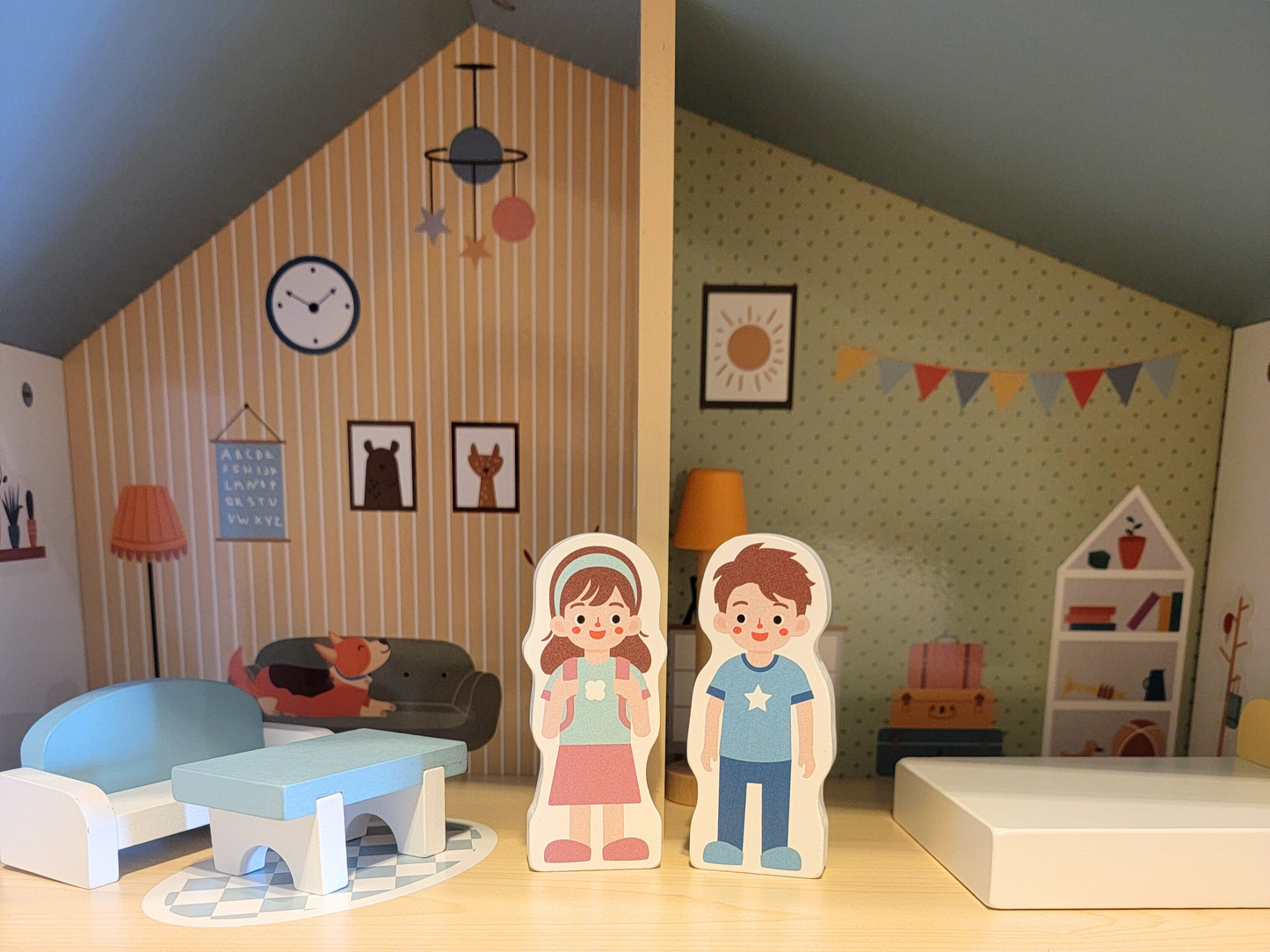 Blue Wooden Dollhouse Furniture Set - Montessori Role Play - Miniature DIY Toy