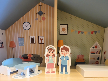 Blue Wooden Dollhouse Furniture Set - Montessori Role Play - Miniature DIY Toy