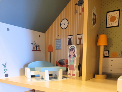 Blue Wooden Dollhouse Furniture Set - Montessori Role Play - Miniature DIY Toy