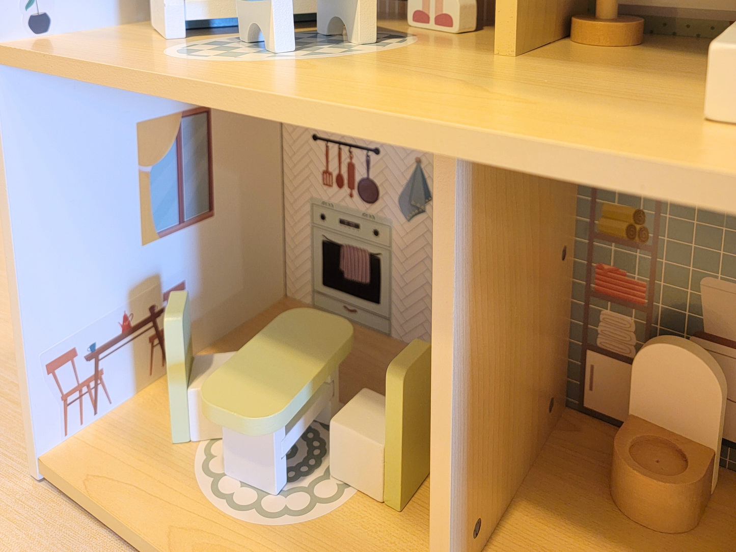 Blue Wooden Dollhouse Furniture Set - Montessori Role Play - Miniature DIY Toy