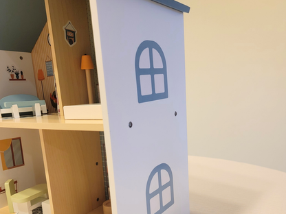 Blue Wooden Dollhouse Furniture Set - Montessori Role Play - Miniature DIY Toy