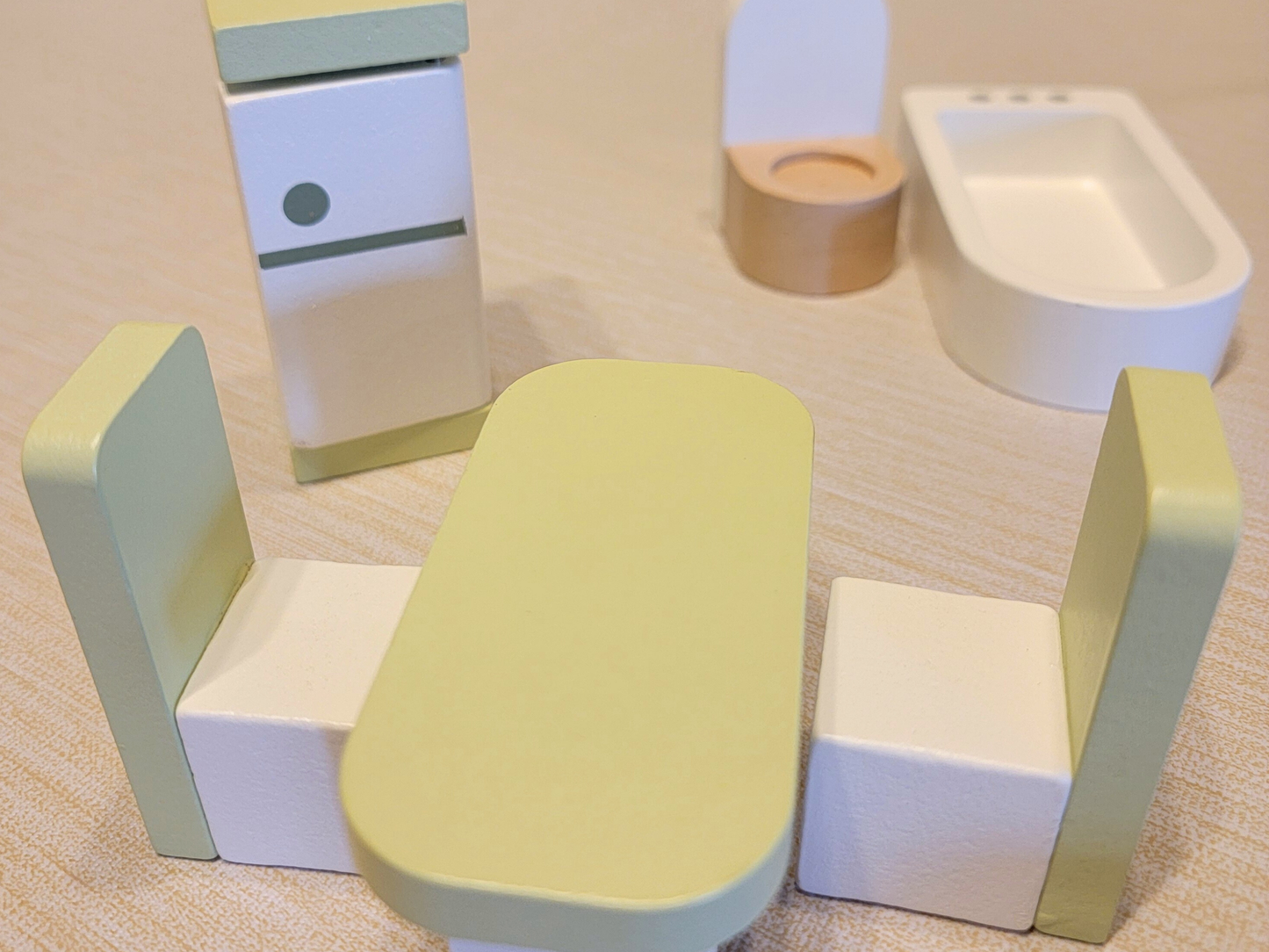 Blue Wooden Dollhouse Furniture Set - Montessori Role Play - Miniature DIY Toy