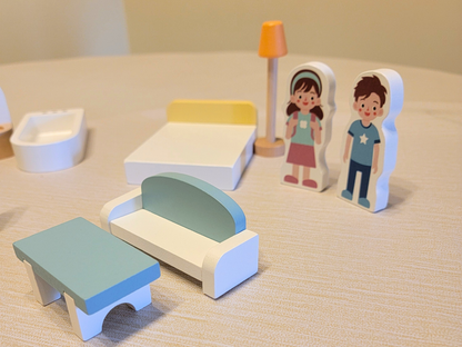 Blue Wooden Dollhouse Furniture Set - Montessori Role Play - Miniature DIY Toy