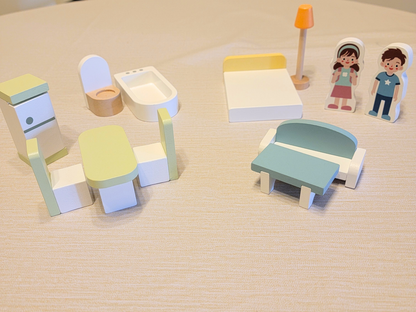 Blue Wooden Dollhouse Furniture Set - Montessori Role Play - Miniature DIY Toy
