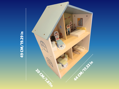 Blue Wooden Dollhouse Furniture Set - Montessori Role Play - Miniature DIY Toy
