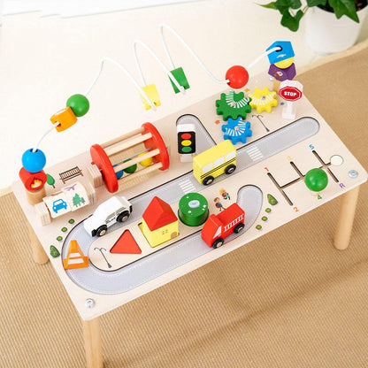 7-in-1 Montessori Wooden Busy Board Activity Table | Sensory Bead Maze & Traffic Cognition Toy
