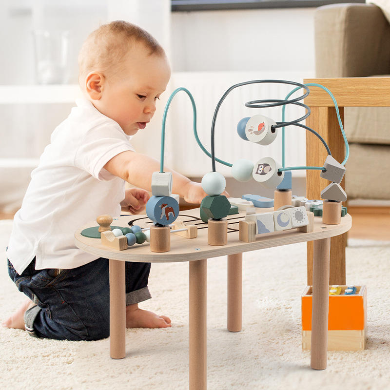 Montessori Activity Table Wooden | Sensory Table Toy with Beads, Gears & Blocks | Educational Toy for Babies