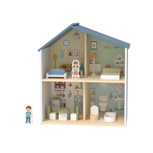 Blue Wooden Dollhouse Furniture Set - Montessori Role Play - Miniature DIY Toy