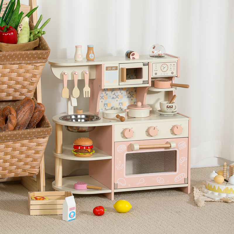 Interactive Wooden Kitchen & Cooking Toy Set - Pink Edition