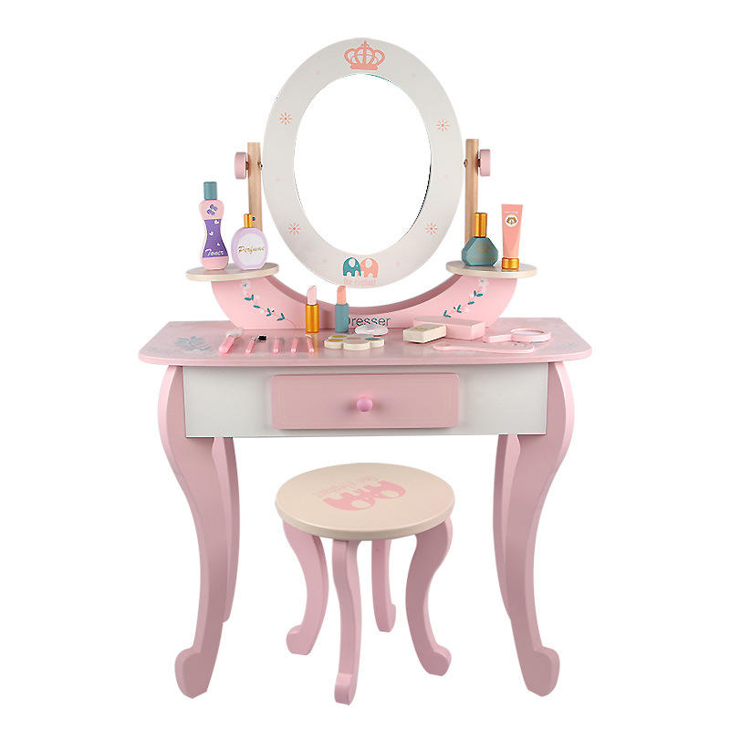 Large Pink Makeup Dressing Table for Girls | Pretend Play Vanity Set with Stool