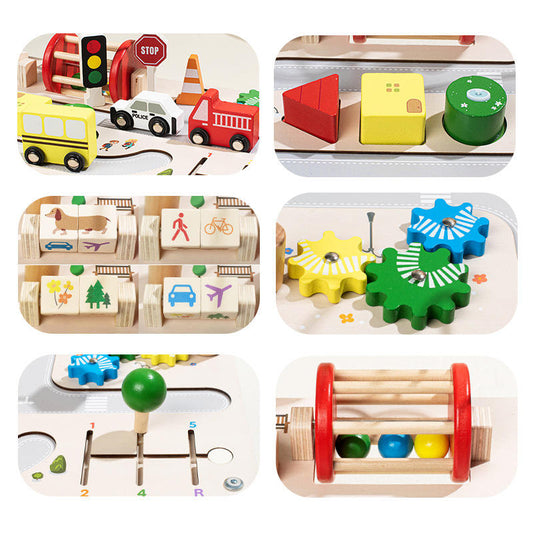 7-in-1 Montessori Wooden Busy Board Activity Table | Sensory Bead Maze & Traffic Cognition Toy