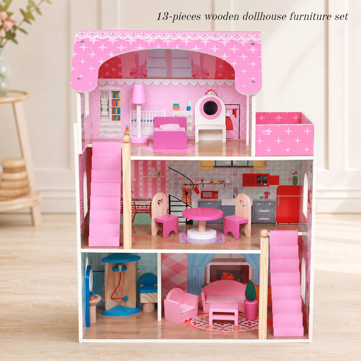 Large Pink Wooden Dollhouse, 3-Story Doll Mansion with Furniture