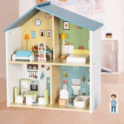 Blue Wooden Dollhouse Furniture Set - Montessori Role Play