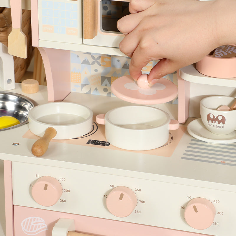 Interactive Wooden Kitchen & Cooking Toy Set - Pink Edition