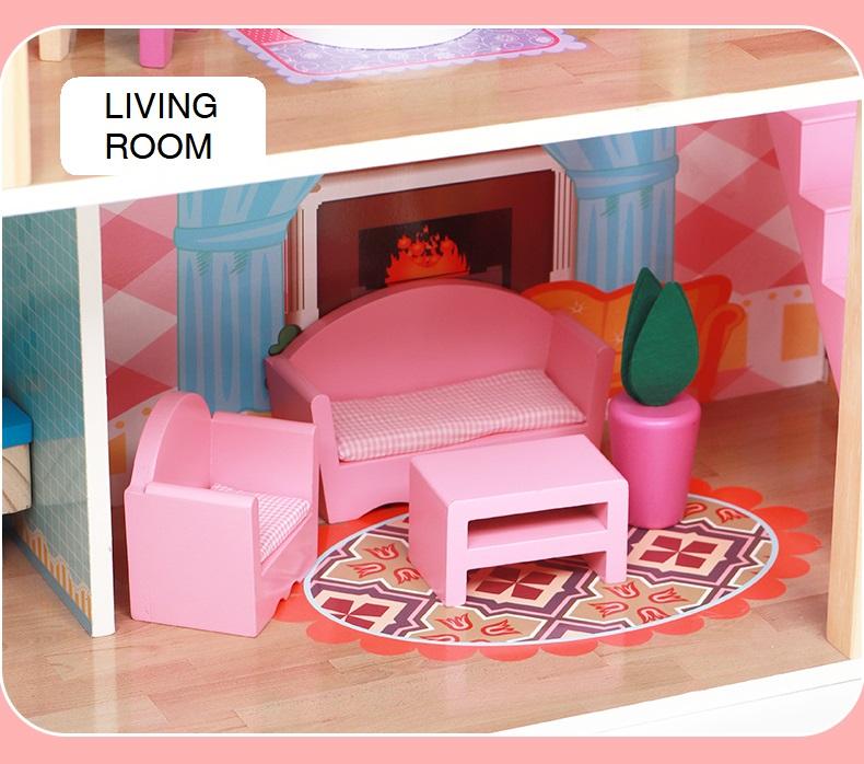 Large Pink Wooden Dollhouse, 3-Story Doll Mansion with Furniture