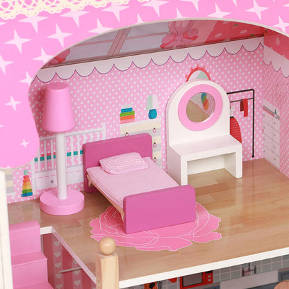 Large Pink Wooden Dollhouse, 3-Story Doll Mansion with Furniture