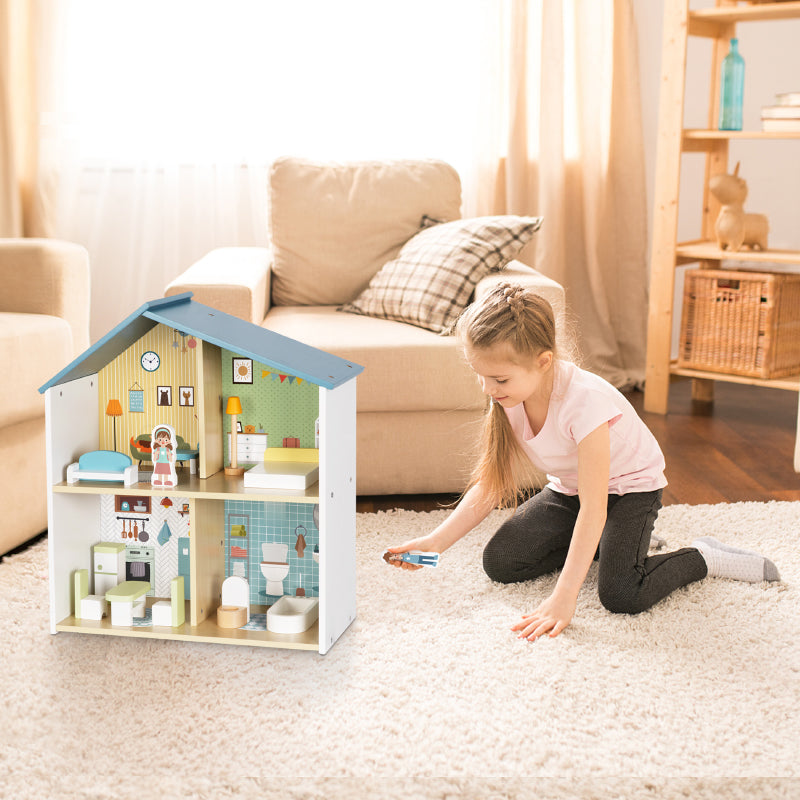 Blue Wooden Dollhouse Furniture Set - Montessori Role Play