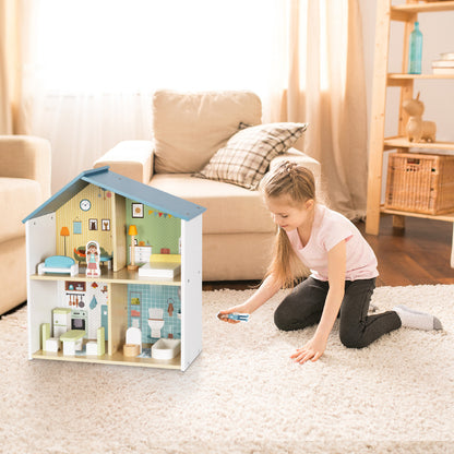 Blue Wooden Dollhouse Furniture Set - Montessori Role Play