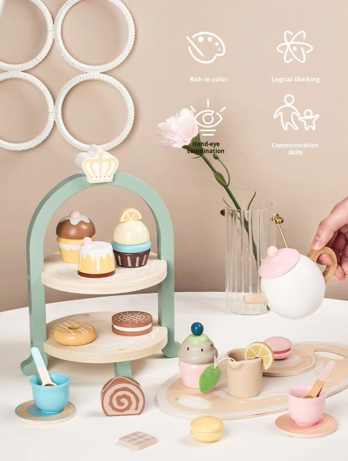 Pink Wooden Afternoon Tea Set, Montessori Toy for Toddlers