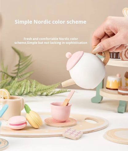 Pink Wooden Afternoon Tea Set, Montessori Toy for Toddlers