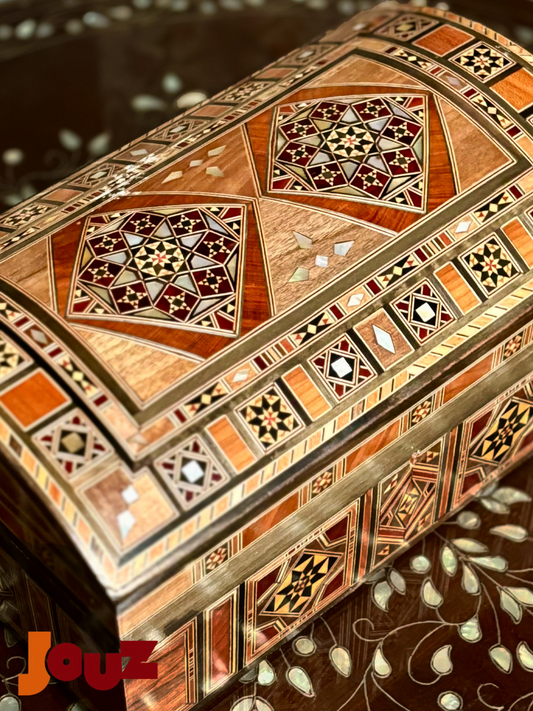 Handmade Wooden Mosaic Box with key - High Quality Artisan Keepsake Chest with Mother of Pearl Inlay - Jewelry Gift Box, Boho Home Decor