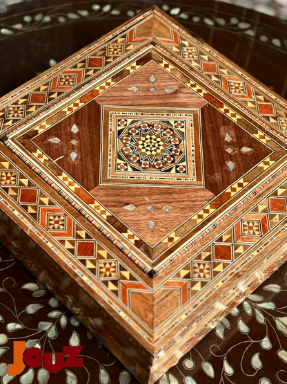Handmade Square Wooden Mosaic Box – Decorative Wood Inlay Tile – Geometric Jewelry Trinket Box – Boho Home Decor Gift