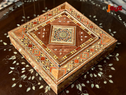 Handmade Square Wooden Mosaic Box – Decorative Wood Inlay Tile – Geometric Jewelry Trinket Box – Boho Home Decor Gift