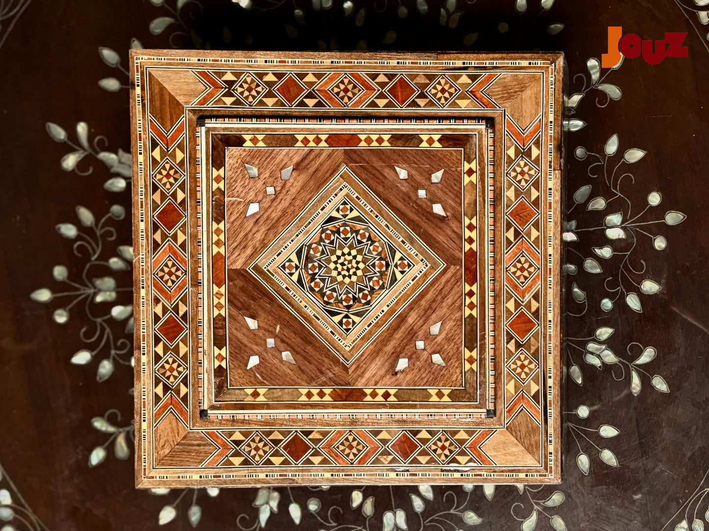 Handmade Square Wooden Mosaic Box – Decorative Wood Inlay Tile – Geometric Jewelry Trinket Box – Boho Home Decor Gift
