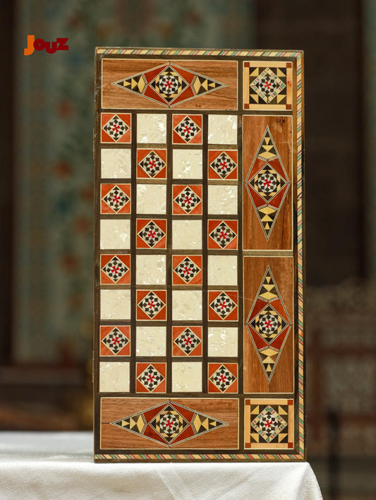 Grand jeu d'échecs/backgammon fait main - Plateau de tournoi en bois - Complet avec toutes les pièces