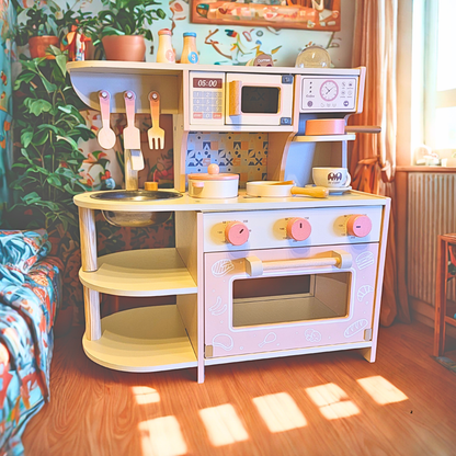Ensemble de cuisine et de jouets de cuisine interactifs en bois - Édition rose
